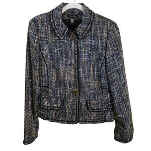 Valerie Stevens Vintage Trending Blue Tan Tweed Outline Trim Blazer Size 10